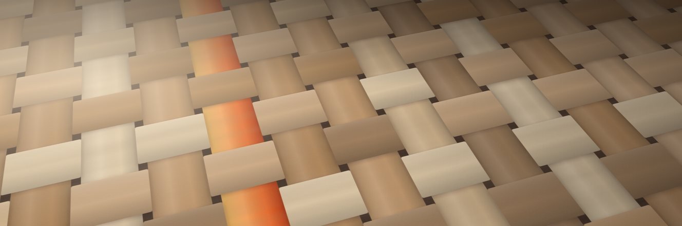 Ilustración de una trama tejida en tonos de madera, con un hilo naranja entrelazado entre las bandas